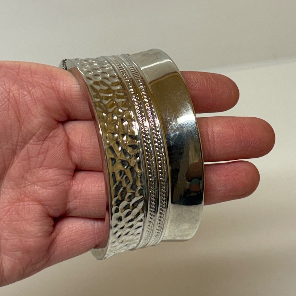 Silver Tone Mixed Texture Hammered Braided Hinged Wide Cuff Statement Bracelet